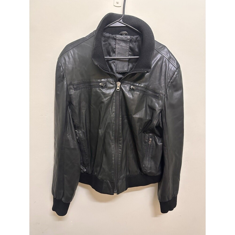 Y2K European Genuine Lambskin Bomber  Leather Jacket Black Ribbed Collar Pocket